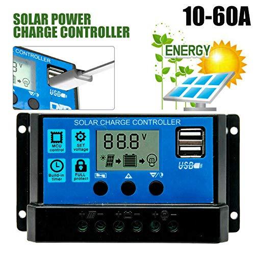 Regulador de carga solar, 60 A, 12 V/24 V, panel solar, regulador de carga con dos puertos USB y pantalla LCD para caravanas