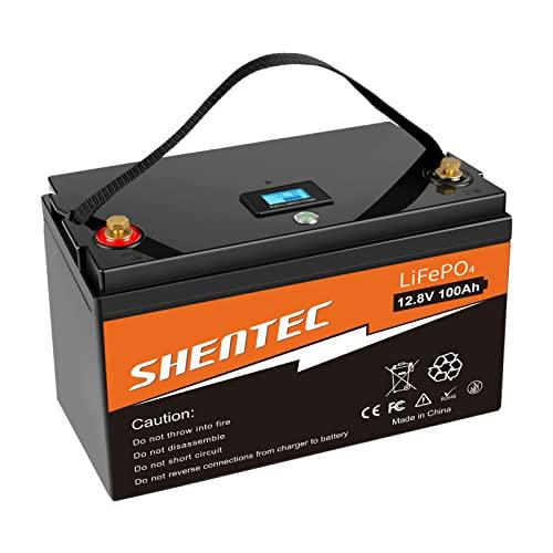 Shentec Batería LiFePO4 12V 100Ah 1280Wh Li-ion Bateria y litio energía de emergencia con más de ciclo profundo y protección BMS para el kit de panel solar, RV, Marina, Hogar
