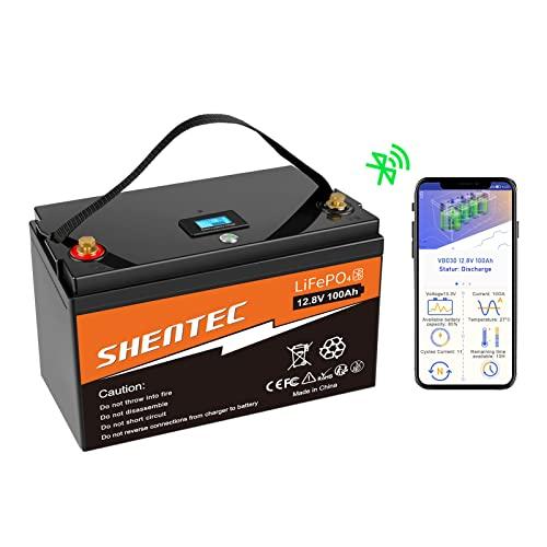 Shentec Batería Litio 12V 100Ah Batería LiFePO4 1280Wh con 100A BMS，función Bluetooth Batería Recargable hasta 15000+ Ciclos Profundos Serie/Paralelo para Camper Barco RV Sistema Solar