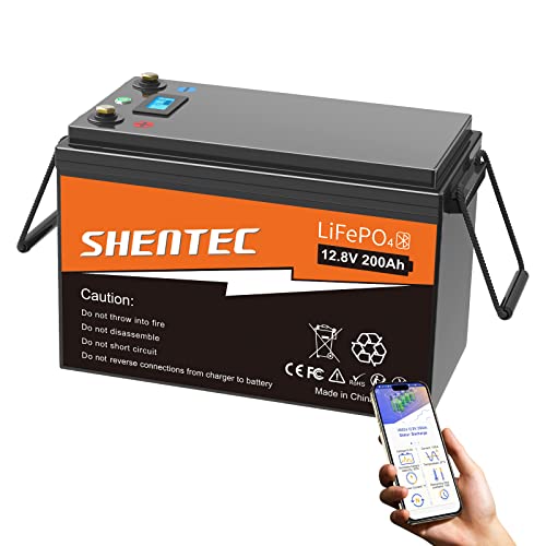Shentec Batería Litio LiFePO4 12V 200Ah Batería 2560Wh con función Bluetooth Batería de fosfato de Hierro de Litio Que Incluye App BMS para Motor de Arrastre Paneles solares RV Barcos