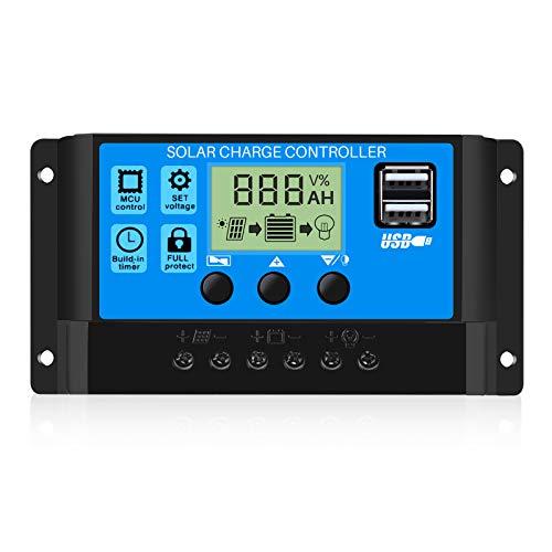 Thlevel 30A Controlador de Carga Solar 12V/24V Panel Solar Inteligente Regulador Carga Solar con Pantalla LCD y Doble Puerto USB para Panel Solar, Lámpara, Batería y Iluminación LED (30A)