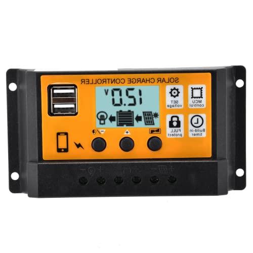 Walfront Controlador de Carga Solar de 12 V/24 V Dual USB 3‑Stage PWM Panel Solar Batería Regulador Inteligente Pantalla LCD Controlador Solar de Descarga Regulador para Panel Solar(10 A)