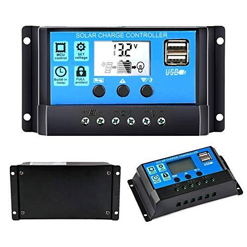 Y&H 10A Controlador de Carga Solar Panel Solar 12V/24V Inteligente Controlador de Carga con 5V Control de temporizador Pantalla LCD yDoble Puerto USB,para Panel Solar Lámpara Batería y Iluminación LED