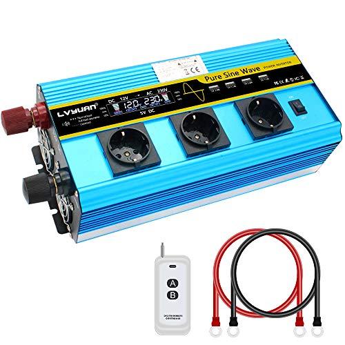Cantonape Inversor de Corriente 12v 230v Onda Pura 2500w/5000w Pantalla LCD inversor Onda Pura Transformador con Mando a Distancia y 4 Puertos USB 3 Tomas