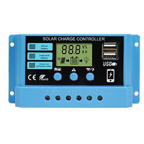 Controlador de carga solar, Controlador de panel solar 30A 12V/24V PWM Parámetro automático Pantalla LCD ajustable Regulador de batería con 5V 2A puerto USB dual (20A)