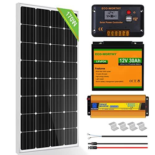 ECO-WORTHY 170W 12V Kit Panel Solar Autoconsumo Sistema Completo: Panel Solar 170W, Controlador PWM 30A, Batería Litio 30AH 12.8V, Inversor 600W para Caravanas Autocaravana, Casa