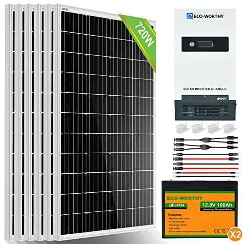 ECO-WORTHY 720W 24V 3KWh Kit Panel Solar con Batería Litio Off-Grid Sistema para Doméstico/RV: 6 Paneles Solares 120W, 2 Baterías Litio 100Ah, Inversor 1500W 24V Todo-en-uno