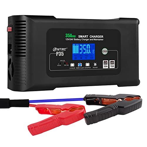 Haisito Cargador Baterías Coche 12V/24V 35A, Cargador de Baterias Coche y Moto Rápido Inteligente, Mantenedor y Desulfador para Baterías de LiFePO4 Litio Plomo ácido (AGM, Gel, EFB, SLA, VRLA)
