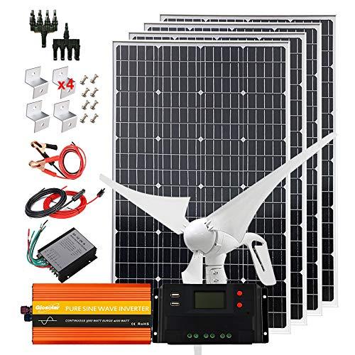 Kit de viento solar de 800W, 12V, sistema completo de rejilla con inversor de 2000W: generador de turbina de viento de 400W+4 paneles solares monocromáticos de 100W+controlador de carga+cable+soporte