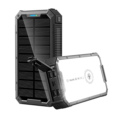 PSOOO Batería solar inalámbrica de 36800 mAh, batería solar, 4 puertos USB, cargador solar, resistente al agua, USB C, batería solar con luz, para camping, para iPhone, iPad, Samsung, Huawei (negro)